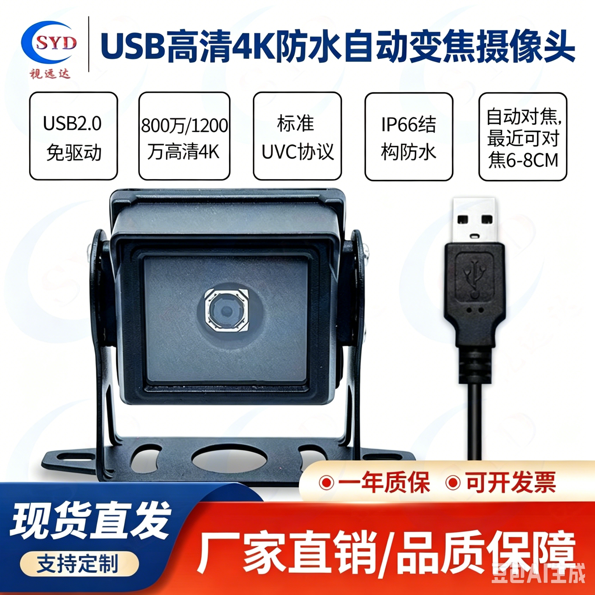 USB2.0高清800万1200万4K高清无畸变防水免驱自动对焦电脑摄像头
