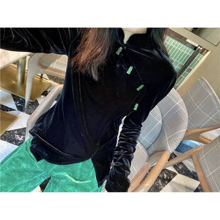 气质百搭~2025秋季新款黑色复古盘扣丝绒上衣女ins显瘦打底衫潮