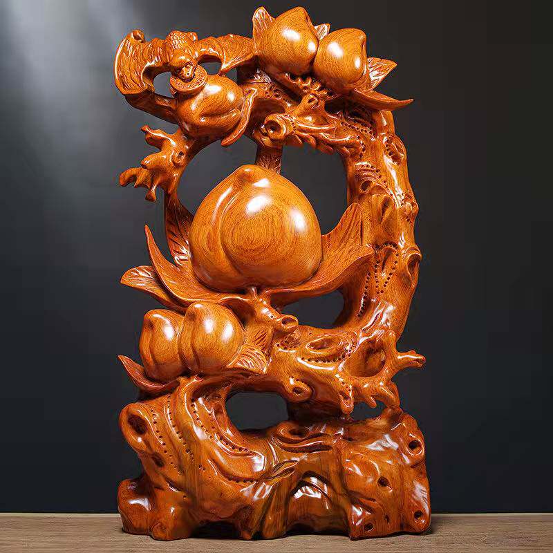 花梨木雕寿桃摆件实木创意福寿双全长辈拜寿工艺品礼品家居装饰