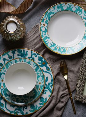 出口绿色金沿陶瓷餐具 异域图腾饭碗几何碟子美式西餐牛排盘套装