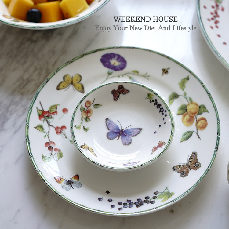 新款英国品牌餐具套装 复古蝴蝶浆果花卉出口陶瓷盘子碗碟中西餐,餐饮具,西餐餐具套装,淘宝优惠券,粉丝福利购,淘宝优惠卷