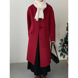 可乐家【长款新年战袍】红色圣诞双面羊绒大衣女连帽牛角扣外套