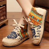 时尚 民族风亚麻草编春秋季 高帮平底复古休闲大码 单鞋 北京布鞋 女鞋