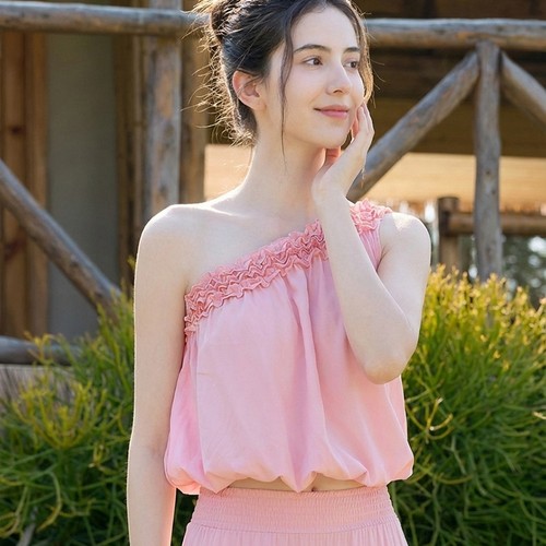 斜单肩瑜伽服背心上衣女夏季木耳边宽松显瘦莱赛尔舞蹈运动健身服
