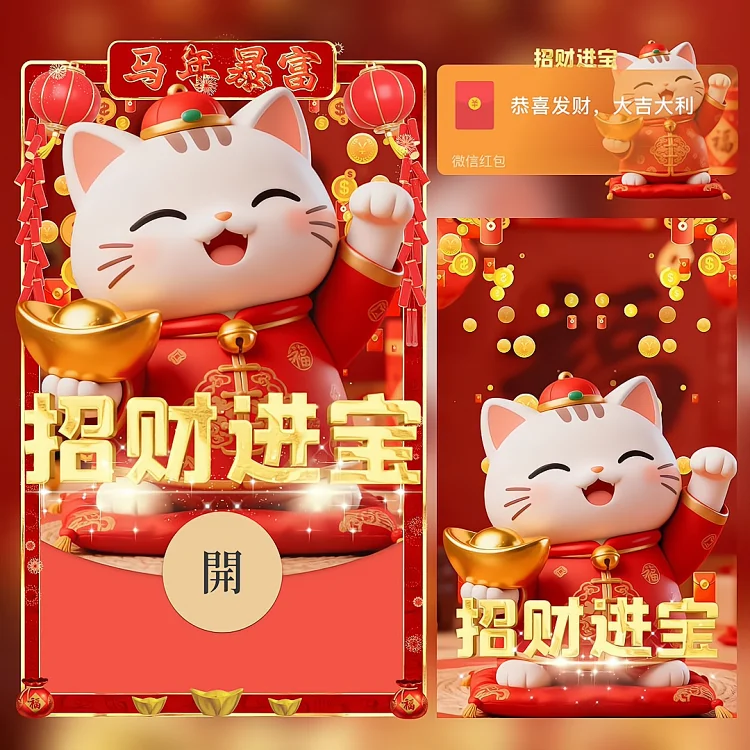 招财进宝招财猫卡通形象设计新年祝福微信红包封面2026年新版动态