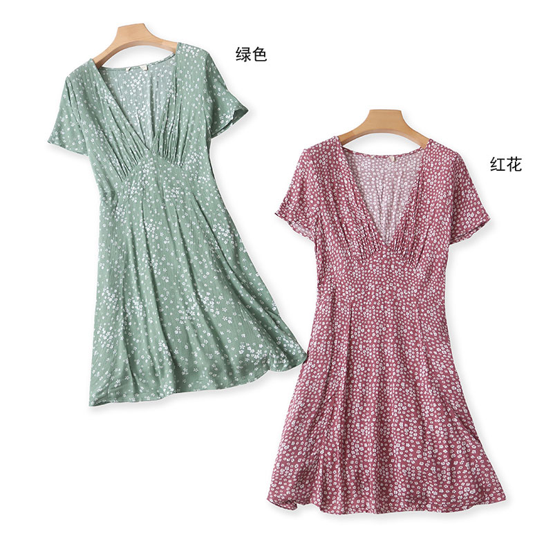 外贸夏季新款小清晰碎花V领连衣裙女洋气显瘦A字裙花色中裙小个子
