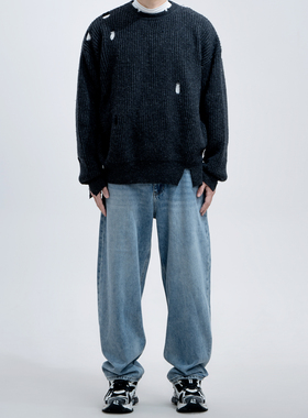 SolidHomme蓝色水洗牛仔裤 直筒宽松版型cleanfit风格 91yxng同款