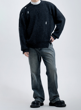 SOLIDHOMME泥灰蓝水洗牛仔裤微喇复古宽松长裤cleanfit风格91同款