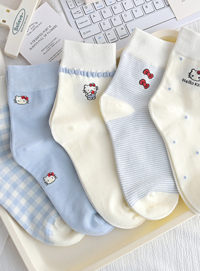 浅蓝色袜子女中筒袜秋冬季厚款棉袜卡通可爱小猫日系韩版ins潮