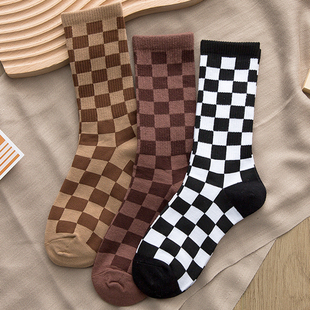 棋盘格长筒女袜秋冬季厚款棉袜网红同款ins潮袜学院风韩版日系袜