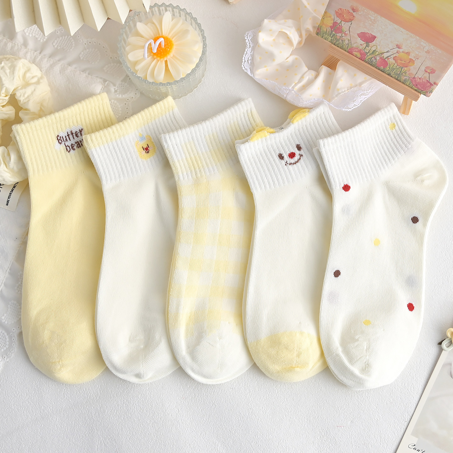 春夏季袜子女短袜薄款棉袜甜美卡通可爱日系浅黄色船袜学生袜