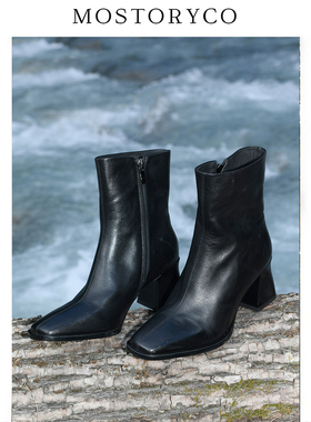 Mostoryco|意大利DEV经典方头粗跟短靴小牛皮高跟短靴全皮马丁靴