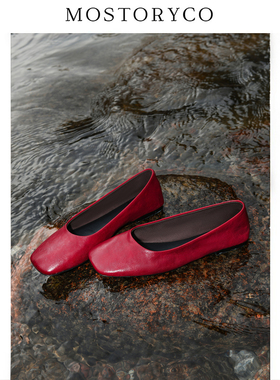 Mostoryco|法式复古红色单鞋女平底鞋浅口鞋软底芭蕾舞鞋