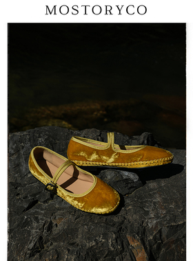 Mostoryco|舶来品真丝丝绒奶奶鞋浅口单鞋复古玛丽珍圆头平底鞋女