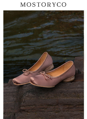 Mostoryco|纯手工意大利雾面真丝绸缎芭蕾鞋女复古蝴蝶结浅口单鞋