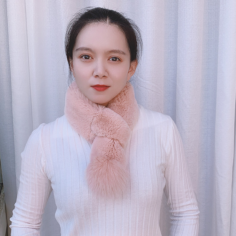 韩版潮獭兔毛围巾女冬季百搭保暖交叉护颈小围脖整皮双面狐狸毛球