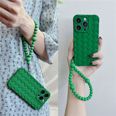 ins绿色立体编织纹手链珠手机壳
