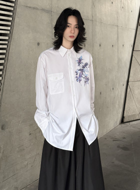 BLACKPOET 男痞帅文艺花卉印花设计白色衬衫高级感宽松休闲衬衣