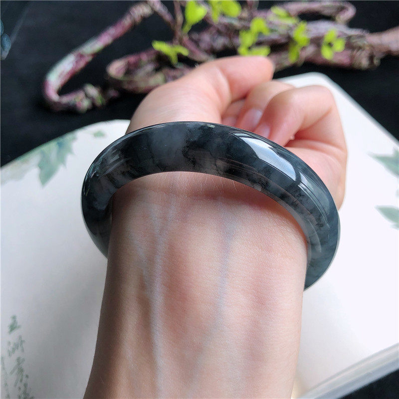11月新品 天然翡翠54圈口冰糯种乌鸡花正圈手镯女款正品546HY0316
