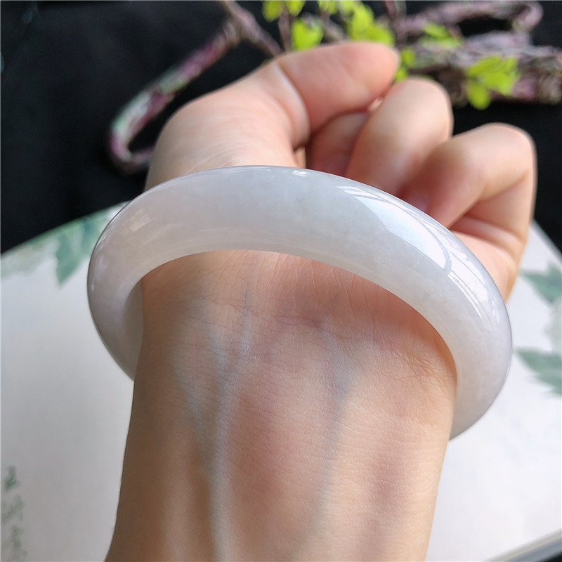 12月新品 天然翡翠55圈口冰糯种白冰正圈手镯女款正品15x71121