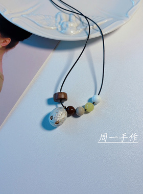 原创手工天然植物果实桃木珠子长款皮绳项链夏天旅游国风颈链小众