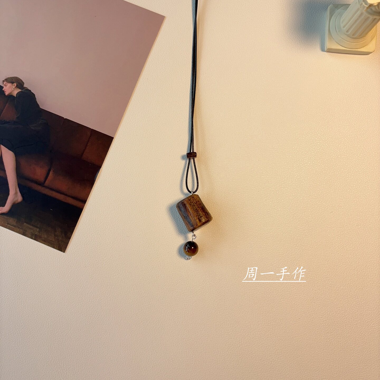 手作沉香木虎眼石皮绳项链中式女