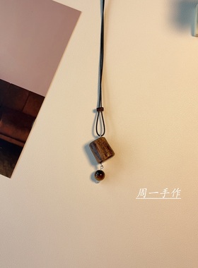 天然手作沉香木虎眼石吊坠皮绳项链长款新中式高端民族风木头颈链
