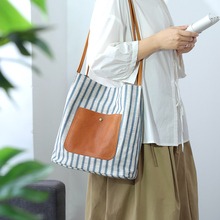 小生有米条纹帆布托特包女士大容量水桶包小众设计单肩休闲手提包
