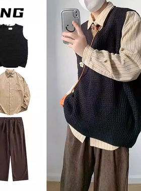 三件装/秋季日系复古黑色菱形针织马甲男女生学院风无袖毛衣套装