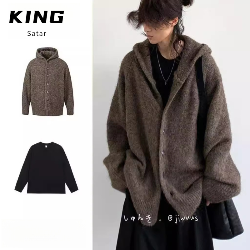 秋冬日系复古穿搭套装中性美拉德针织衫男高级感开衫连帽毛衣外套