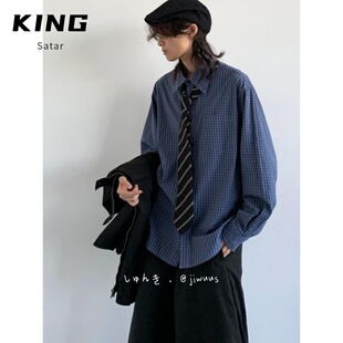 宽松衬衫 春秋季 男士 时髦复古高级感痞帅假两件领带衬衫 外套潮 韩版