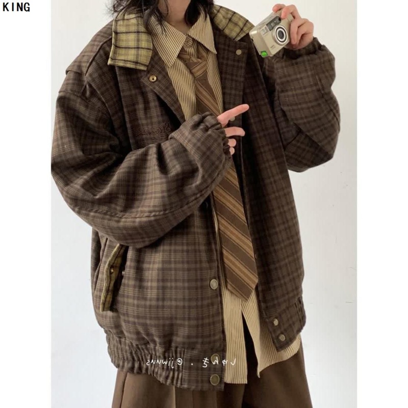 春秋季格子夹克男女学生情侣套装宽松国潮牌痞帅日系拼接休闲外套