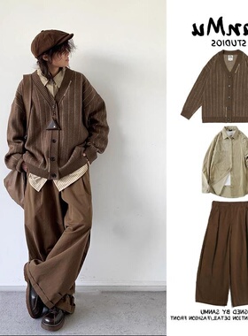 三件装/单件秋冬中性美拉德条纹开衫毛衣学院风复古V领针织衫套装