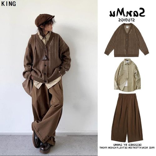 三件装/单件秋冬中性美拉德条纹开衫毛衣学院风复古V领针织衫套装