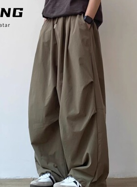 夏季日系复古纯色宽松褶皱阔腿裤男女百搭直筒松紧腰休闲长裤子