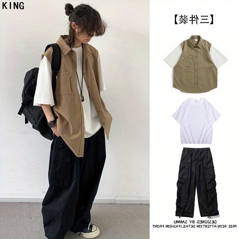 三件装/单件日系街头假两件工装衬衫男复古宽松短袖衬衣外套套装