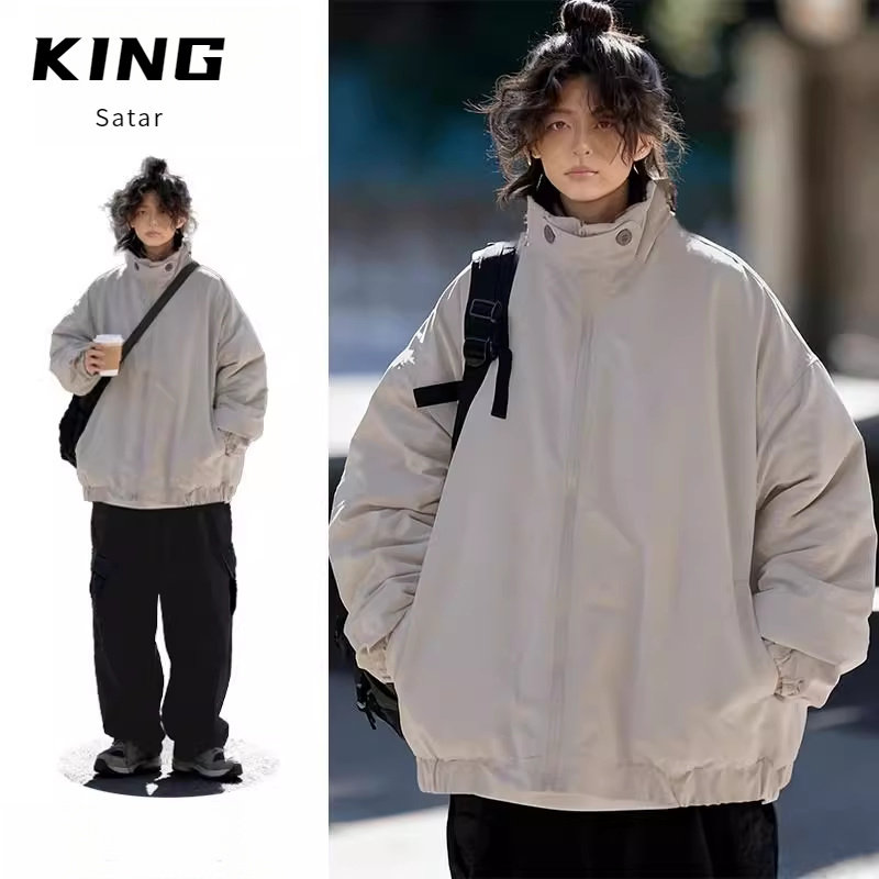 日系复古立领加厚保暖棉服外套男学院风冬季纯色工装棉衣情侣棉袄