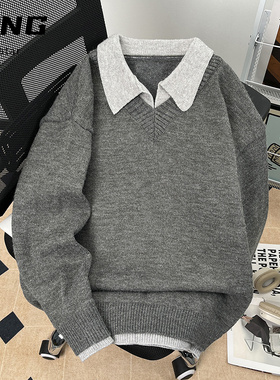 灰色翻领毛衣女内搭针织衫2025秋冬新款慵懒风POLO打底衫韩系上衣