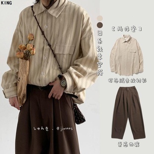 春秋日系复古穿搭整套细格纹西服男女宽松小众设计小西装休闲外套