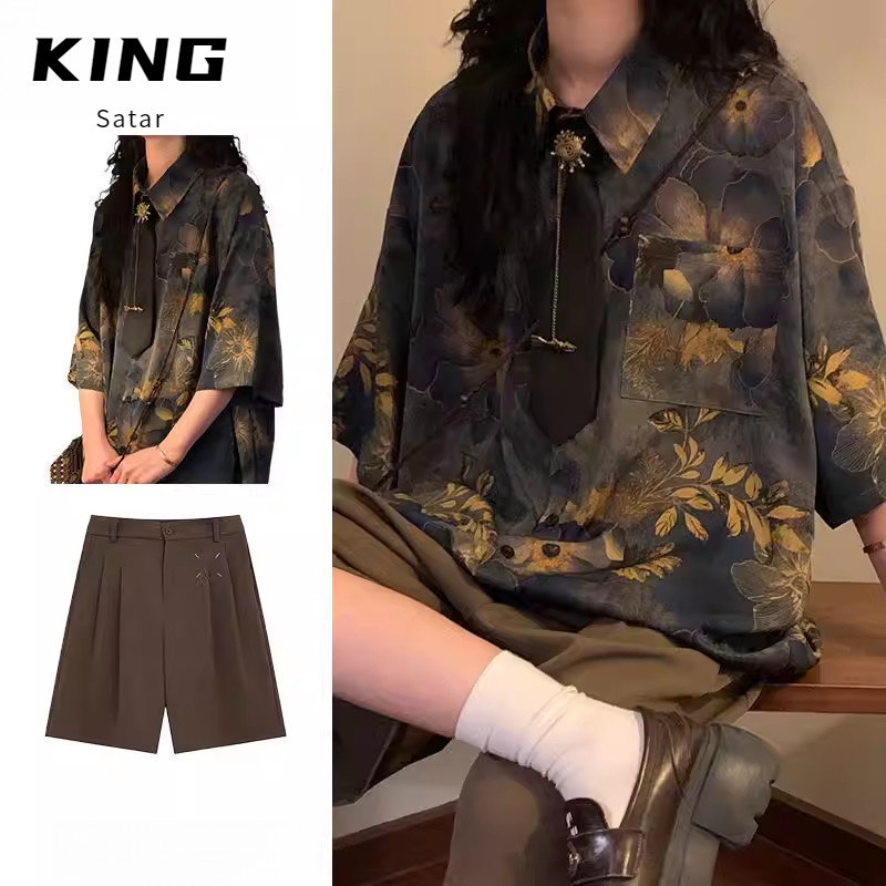 三件装/夏季美式潮牌休闲新中式古着感港风花卉印花衬衫领带套装