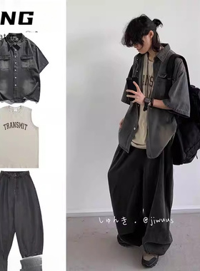 三件装/日系水洗做旧短袖牛仔衬衫男女生夏季工装多口袋衬衣套装