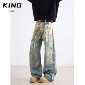 新款 2024个性 字母牛仔裤 港风潮男夏季 嘻哈ins潮高街潮流痞帅长裤