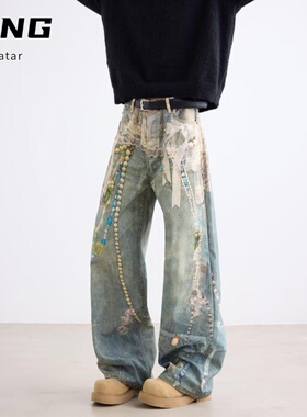 港风潮男夏季新款2024个性字母牛仔裤嘻哈ins潮高街潮流痞帅长裤