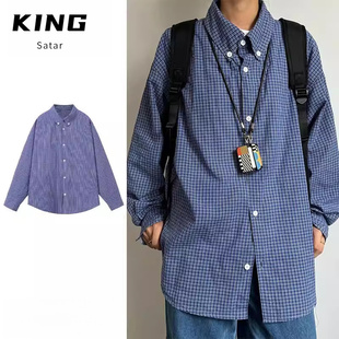 男女衬衫 百搭长袖 学院风高级休闲宽松宽松日系基础款 春夏蓝格衬衫