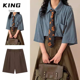 春夏季 套装 美式 衬衫 复古学院风潮牌简约休闲宽松百搭短袖 两件装