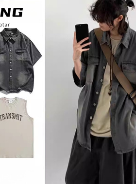 两件装/日系水洗做旧短袖牛仔衬衫男女生夏季工装多口袋衬衣套装