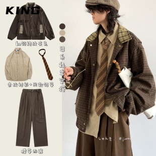 日系春秋复古穿搭整套格子夹克男女生学院风宽松休闲拼接刺绣外套