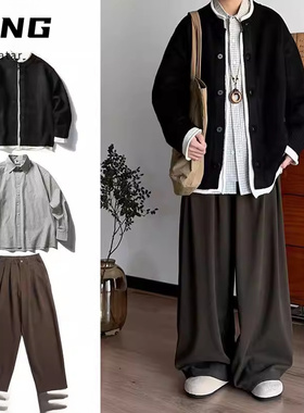 三件装/秋冬日系黑色假两件撞色领针织开衫男生宽松休闲毛衣套装