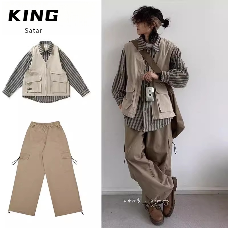 两件装@复古日系假两件衬衫马甲套装春秋休闲男女情侣百搭宽松潮