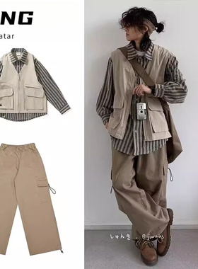 两件装@复古日系假两件衬衫马甲套装春秋休闲男女情侣百搭宽松潮
